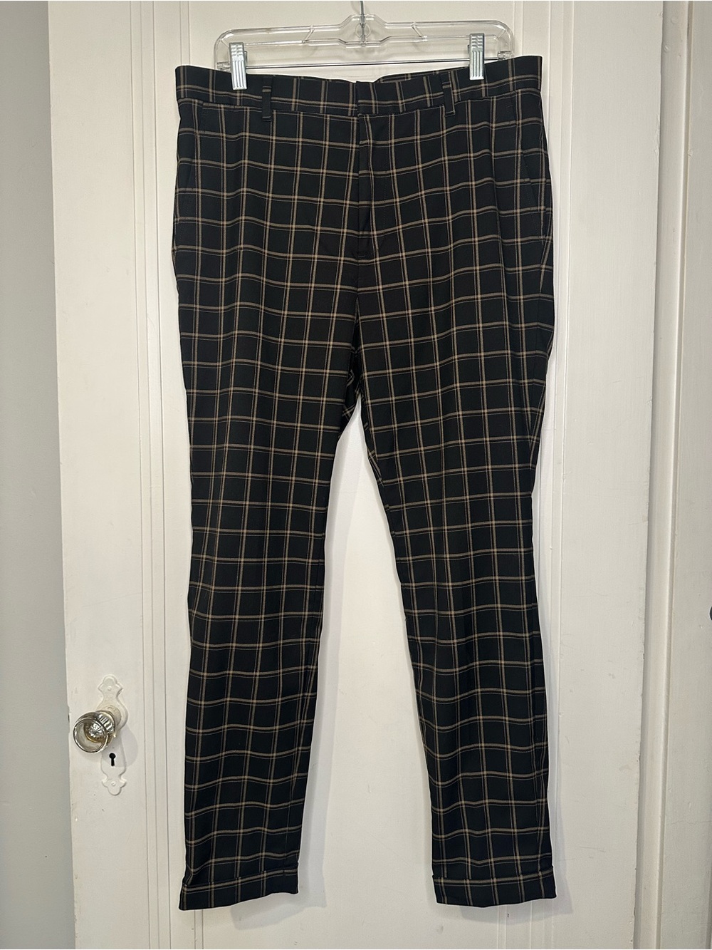 H&M Skinny Fit Black Dress Pants with Tan Windowpane Check